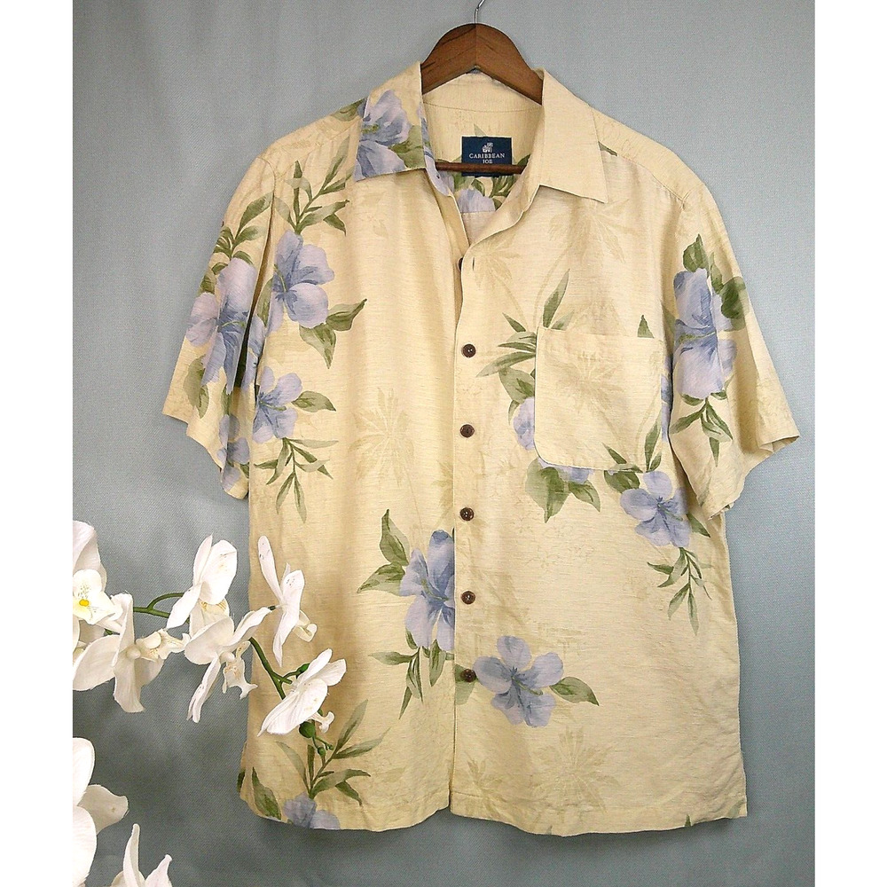 Caribbean Joe Light Yellow and Blue Floral Hawaiian/Tropical Silk Shirt-Men's L